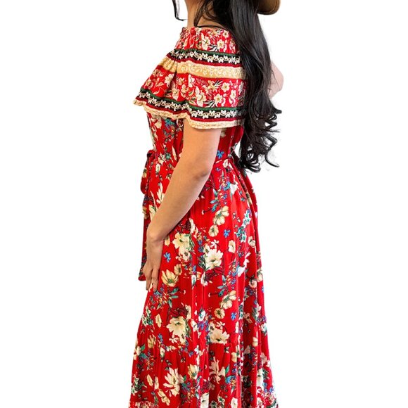 Red and Yellow Floral Printed Off Shoulder Maxi Dress - Picture 4 of 5